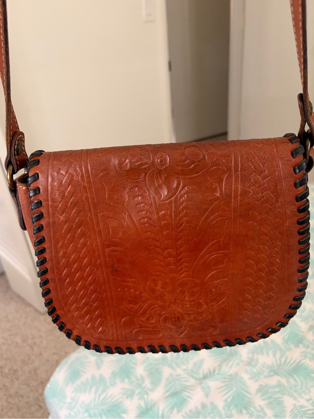 Patricia Nash Tooled Leather Crossbody in Russet with Black Trim